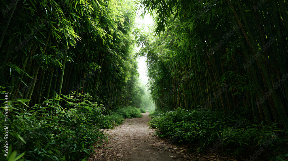 Fototapeta premium Pathway through a lush bamboo forest with sunlight filtering through the trees