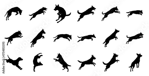 Dog silhouettes jumping in various poses leaping action