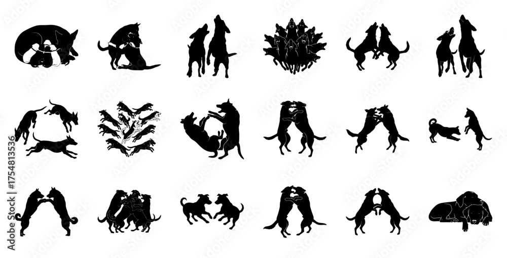 Fototapeta premium Dog silhouettes playing and howling black