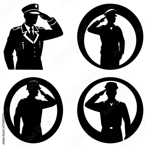 Silhouette depictions of saluting military personnel in various compositions and styles are shown