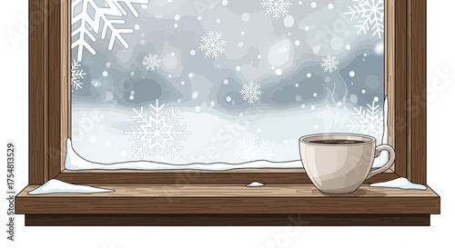 Winter window snow coffee cup cozy snowflake cold season beverage indoors