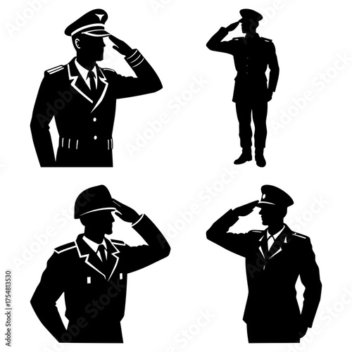 Four black silhouette illustrations of officers in uniform giving a salute on a white isolated background