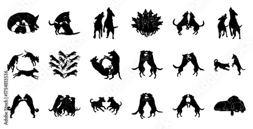 Dog silhouettes playing and howling black