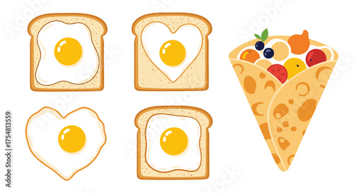Delicious breakfast foods including fried eggs on toast and a fruit filled crepe.