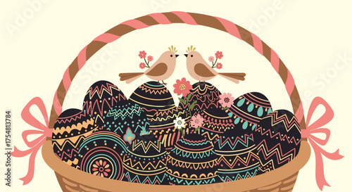 A charming Easter basket overflows with beautifully decorated eggs topped by two adorable lovebirds holding court amidst springtime blossoms.