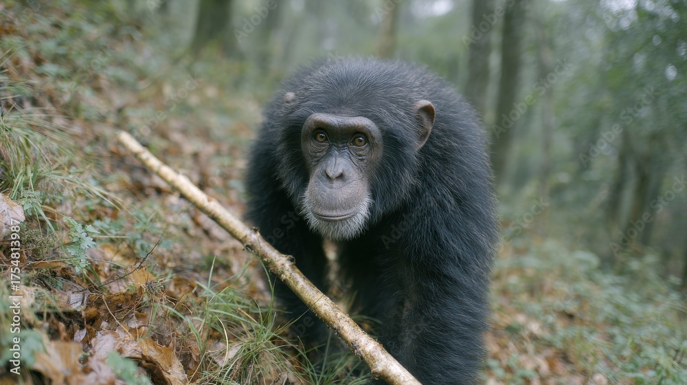 Obraz premium Chimpanzee In Natural Forest Habitat Holding A Stick. Wildlife Conservation And Primate Behavior Study