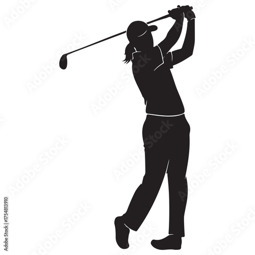 Black Silhouette Female Golfer Sport Vector Illustration on White