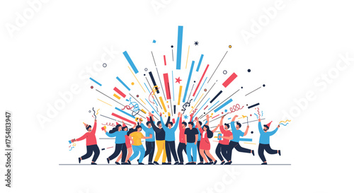 A vibrant illustration of a diverse group of people celebrating joyfully with confetti and streamers exploding outwards symbolizing a moment of shared happiness and success.