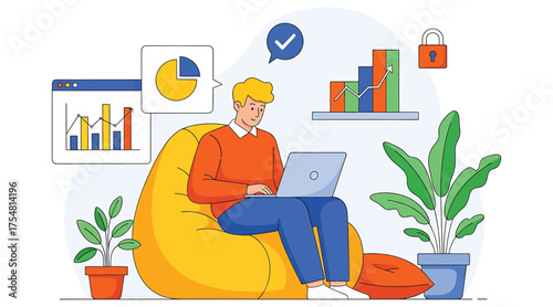 Vector art of a man working on a laptop sitting on a beanbag chair with charts and graphs in the background, showcasing remote work, data analysis, and secure online business operations