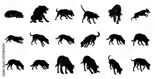 Dog silhouettes various poses black white