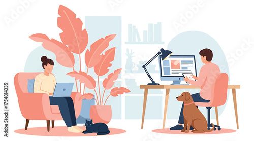 Vector art of a cozy home office setup with a woman working on a laptop in an armchair and a man working on a desktop computer at a desk, accompanied by a dog and a cat