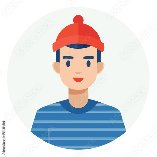 Illustration of a young man wearing a red beanie and a blue striped shirt, depicted in a friendly, casual, and approachable style