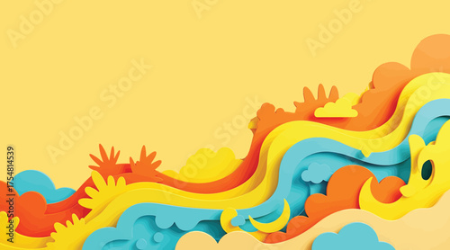 Vector art of an abstract background with colorful paper cutouts creating a dynamic wave pattern, perfect for adding a playful and artistic touch to any design project