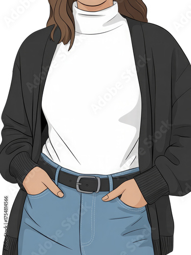 3d rendered illustration of a person wearing a turtleneck cardigan and jeans isolated on transparent background