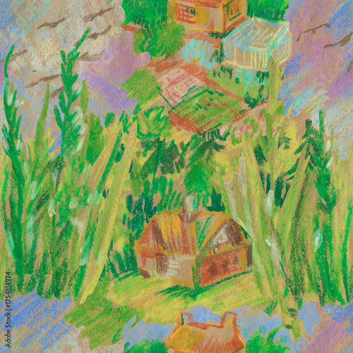 Seamless pattern landscapes painted with wax crayons. Nature, botanical print with oil pastel.