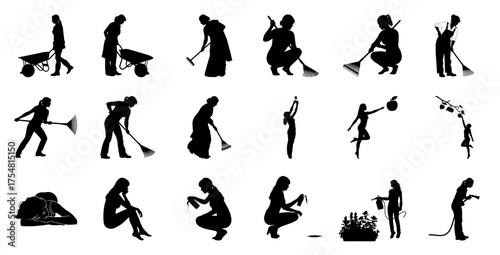 Gardeners and women in various poses silhouette gardening