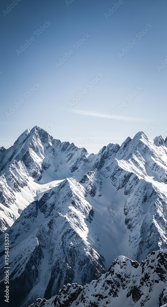 Obraz premium Majestic Snow covered Mountains Under Clear Blue Sky, Winter Landscape