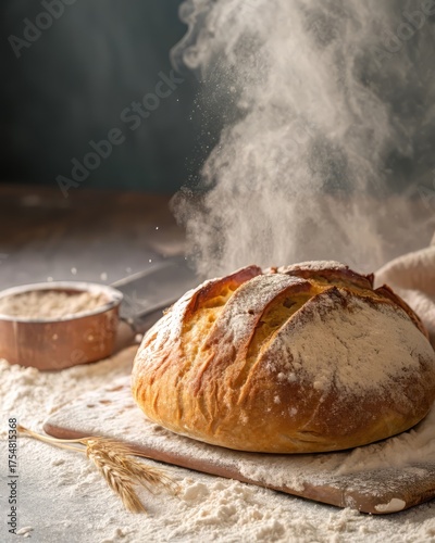 Enjoy the aroma of freshly baked sourdough bread on a rustic wooden board, perfect for food blogs and culinary promotions with a touch of warmth