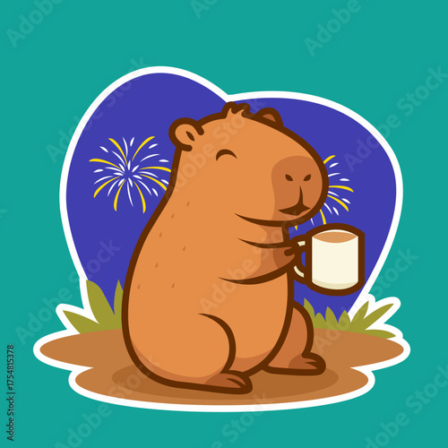 Happy Capybara Enjoying a Warm Drink Under Fireworks