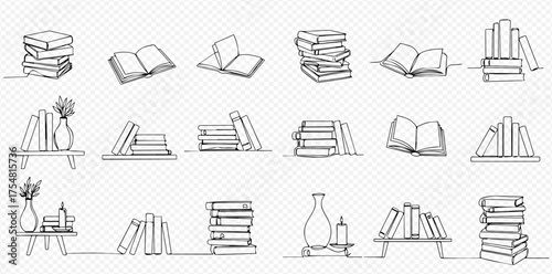Set of minimalist one line drawings depicting stacks of books, open books, and books on shelves with decorative elements.