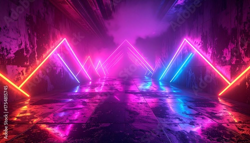 A futuristic, neon-lit tunnel with textured walls. Geometric lines create an illusory path within a smoky atmosphere