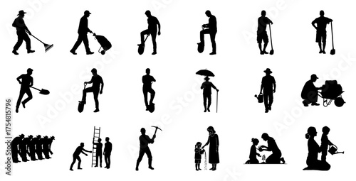 People gardening and working silhouettes farming