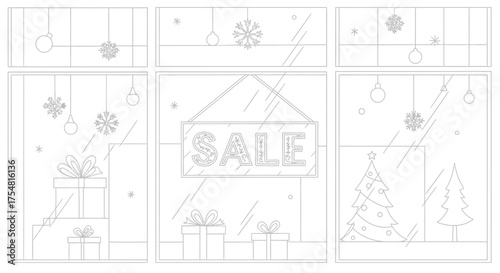 Christmas sale window display gifts trees snowflakes ornaments holiday shop
