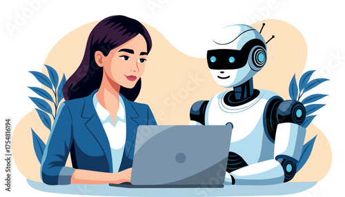 Vector illustration of a woman working on a laptop in an office, with a cute robot sitting next to her. Suitable for business presentations, articles on technology, innovation, digital transformation