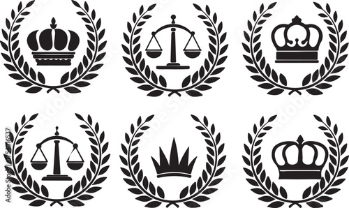 Roman laurel crown black icon set, flat vector silhouette design.