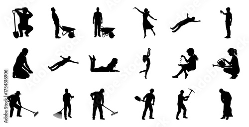 Silhouettes of people gardening and working shovel