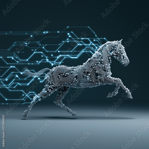 digital running horse made of circuits glowing technology speed innovation futuristic