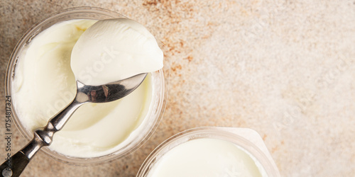 Yogurt or skyr natural dairy lactose free natural product tasty snack fresh delicious gourmet food background on the table rustic top view copy space
