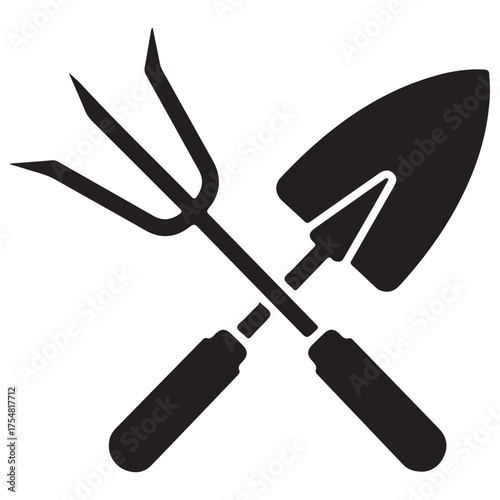 Minimalist Black Silhouette Icon of Crossed Hand Gardening Tools