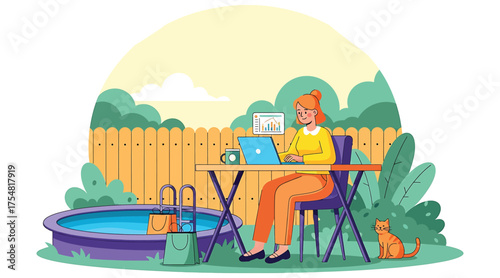 Vector art of a woman works on her laptop outside by the pool, enjoying the fresh air and sunshine, with her cat nearby, creating a relaxing and productive work environment