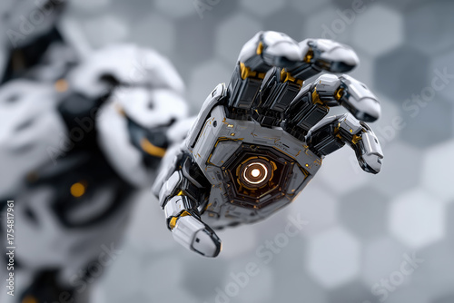 robot hand reaching forward sci fi technology innovation mechanical palm futuristic