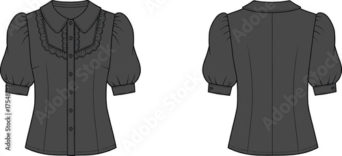 Women Blouse Fashion Apparel Garment Clothing Sketch Illustration Design Pattern Sewing Tailoring Ruffle Collar Sleeve Vintage Puff Button Front Back