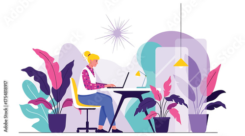 Vector art of a woman is working on a laptop at a desk, surrounded by colorful plants and a lamp, creating a vibrant and productive workspace