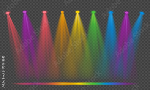 Vector vibrant rainbow stage spotlights in multiple colors illuminating transparent background for event, concert, or celebration design concept