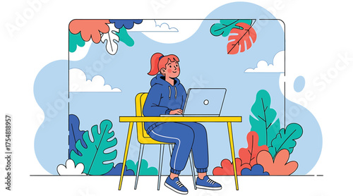 Vector art of a young woman is working on a laptop at a desk, surrounded by colorful plants and leaves, creating a vibrant and creative workspace