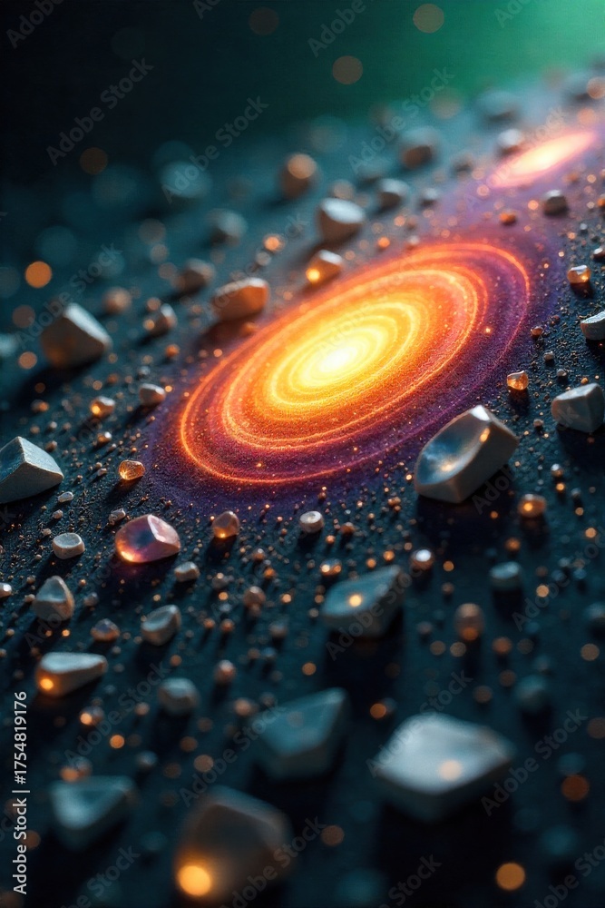 Fototapeta premium Shattered Glass Nebula A high resolution, macro photograph of shattered, iridescent glass fragments suspended in a vibrant, swirling nebula. The glass has sharp edges and reflects multiple colors. The