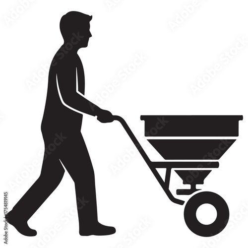 Black Silhouette Icon of Man Pushing Spreader on White Background