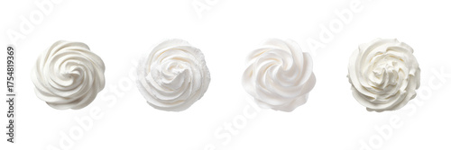 Whipped Cream Swirl Designs Set. Dessert Topping And Culinary Decoration Collection Isolated On Transparent Background