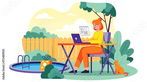 Vector art of woman working on laptop in backyard with pool, enjoying outdoor office setup with cat, surrounded by greenery and sunshine