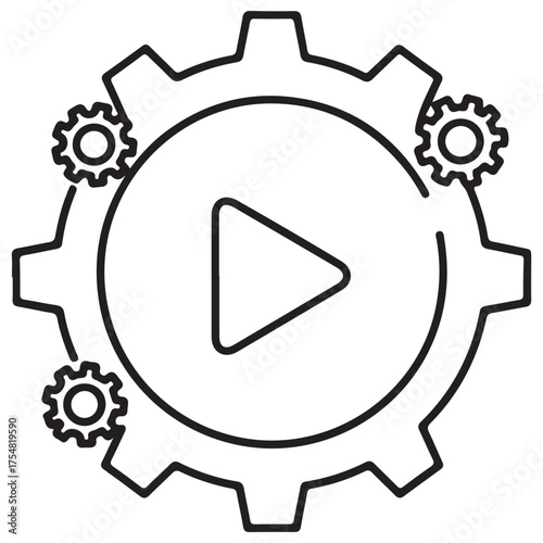 Vector Illustration of Interconnected Gears, Play Symbol, and Circle Outline