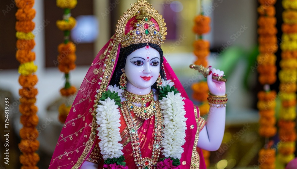 Fototapeta premium Decorated Idol of Goddess Lakshmi: Hindu Deity of Wealth, Prosperity, and Fortune