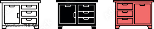 Stylized sideboard cupboard with drawers and door illustration in various color schemes furniture design elements