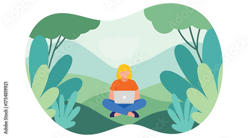 Vector art of woman sitting crosslegged in nature with laptop, working remotely amidst lush greenery and mountains, enjoying the tranquility of the outdoors