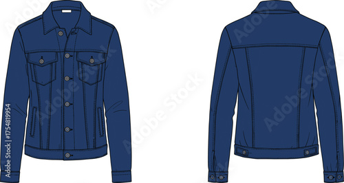 Jacket Denim Jean Outerwear Fashion Apparel Clothing Garment Technical Sketch Flat Drawing Design Illustration Collar Pockets Buttons Yoke Casualwear Classic Durable