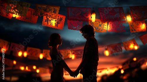 Silhouetted couple holding hands beneath glowing papel picado at sunset, perfect for romantic campaigns, cultural content