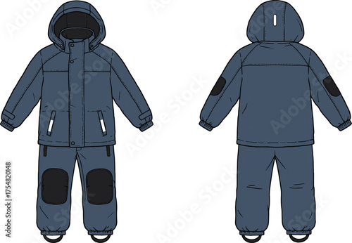 Snowsuit Kids Winter Outfit Jacket Pants Hooded Fashion Apparel Clothing Garment Technical Sketch Flat Drawing Design Illustration Childrenswear Outerwear Warm Durable